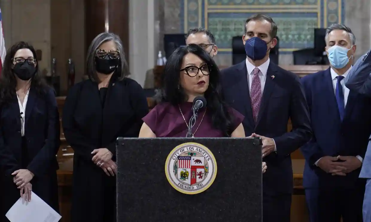 The Los Angeles city council president, Nury Martinez, resigned from her role but pressure is mounting for her to resign from the council entirely. Photograph: Damian Dovarganes/AP