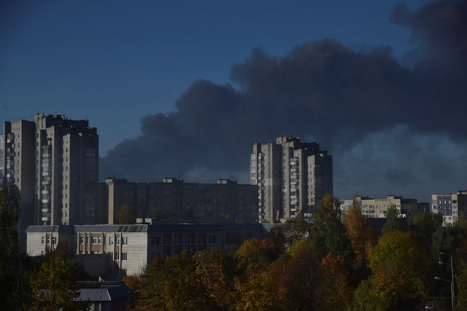 Smoke billows over Lviv, Ukraine, after Russian strikes Monday. (Pavlo Palamarchuk/Reuters)