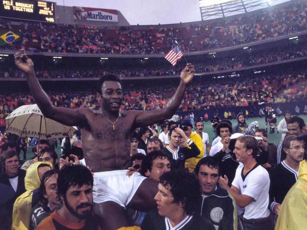 Archival footage of Pele, playing for the New York Cosmos, in a scene from documentary TV show 'Once in a Lifetime'.