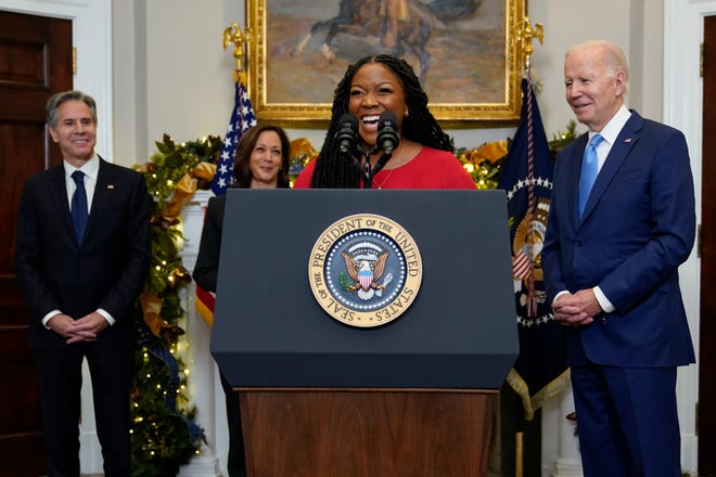 Cherelle Griner, wife of WNBA star Brittney Griner, speaks after President Joe Biden announced Brittney Griner's release in a prisoner swap with Russia, Thursday, Dec. 8, 2022, in the Roosevelt Room of the White House in Washington.