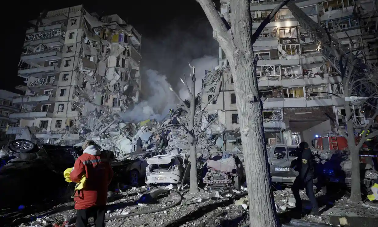A building in Dnipro destroyed by a Russian missile strike. Photograph: Vitalii Matokha/AFP/Getty Images