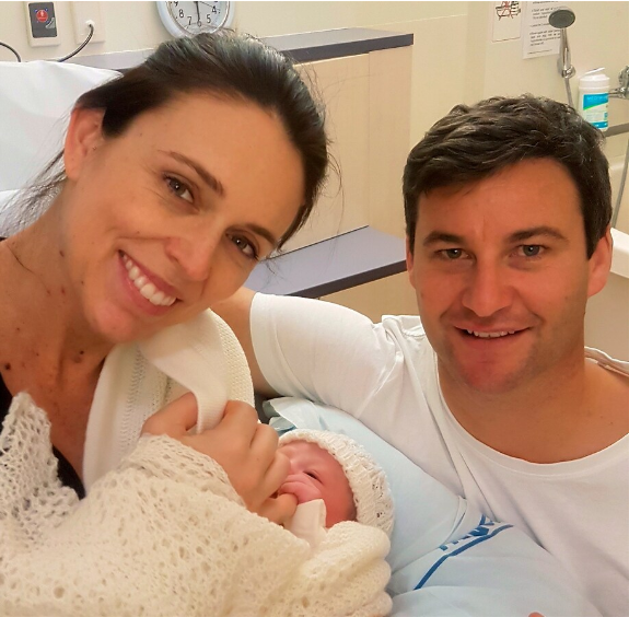 In this photo released by the Office of the Prime Minister of New Zealand, Ardern and her partner, Clarke Gayford, pose with their newborn daughter at the Auckland City Hospital on June 21, 2018. (AP)