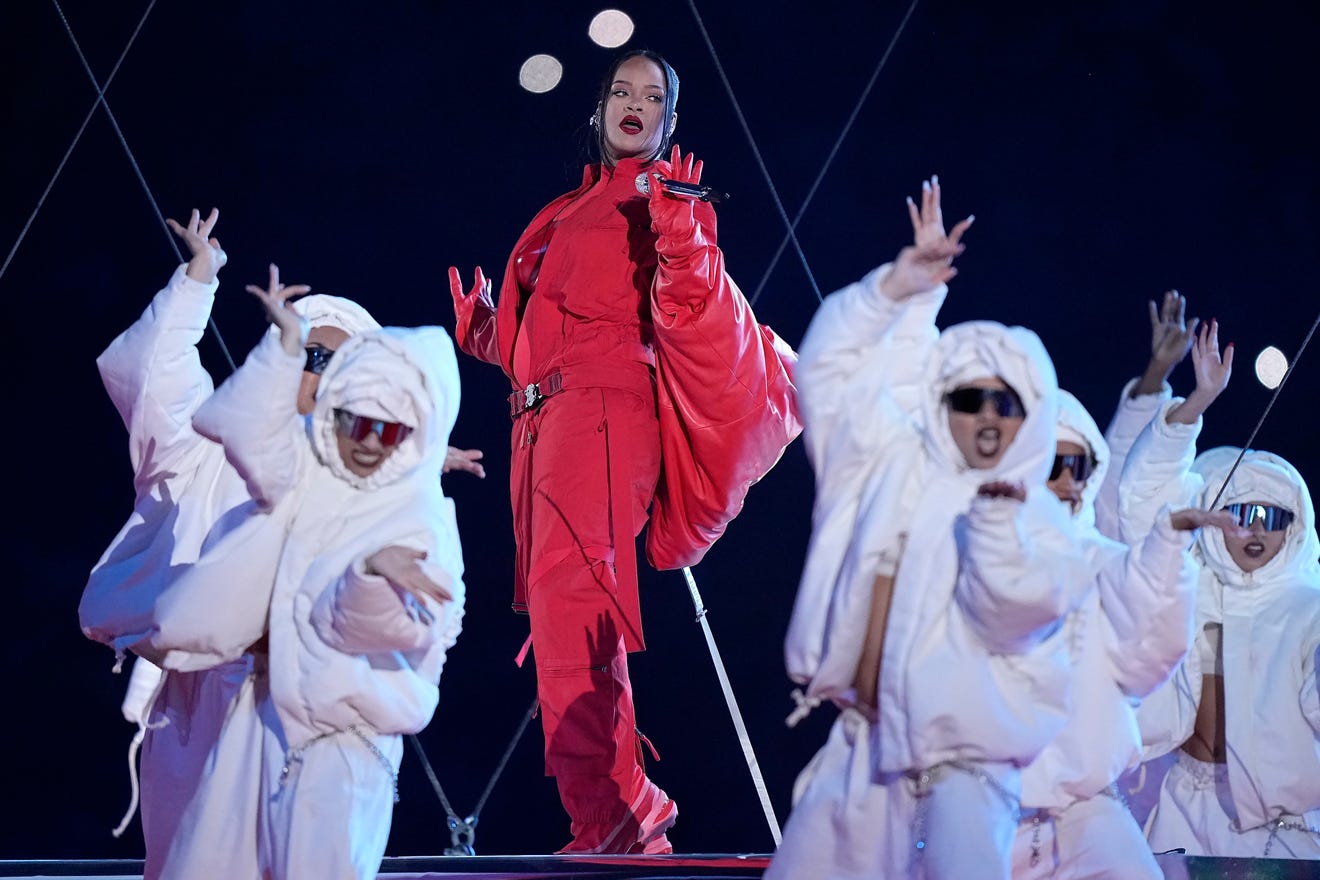 Rihanna performs during the halftime show at Super Bowl 57.