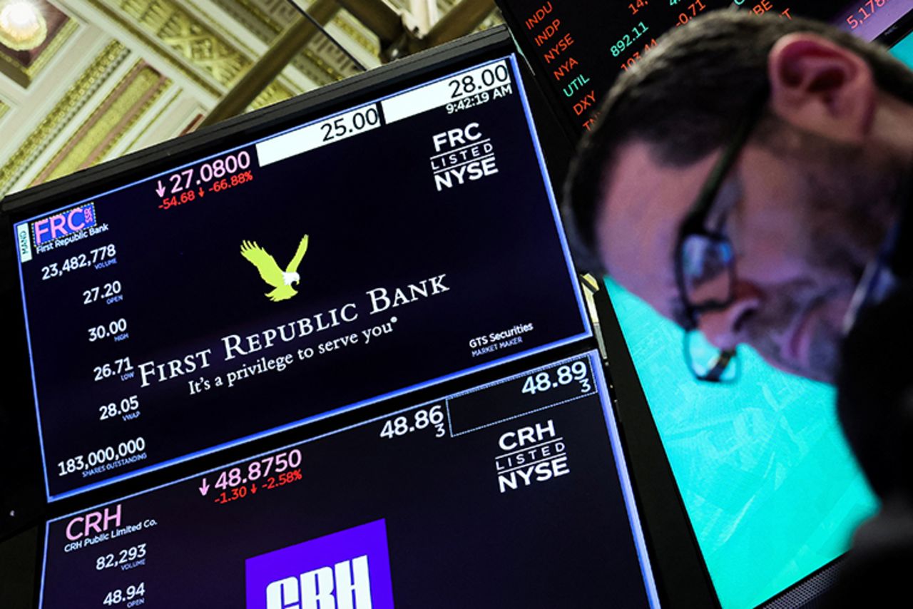 A trader works at the post where First Republic Bank is traded on the floor of the New York Stock Exchange on March 13. (Brendan McDermid/Reuters)