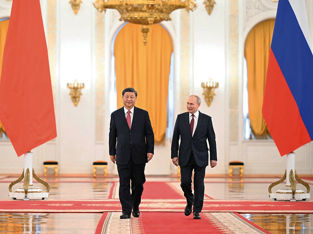Xi Jinping and Vladimir Putin in St George’s Hall at the Kremlin, Moscow, 21 March 2023. Photo by Xie Huanchi / Xinhua / Alamy Live News