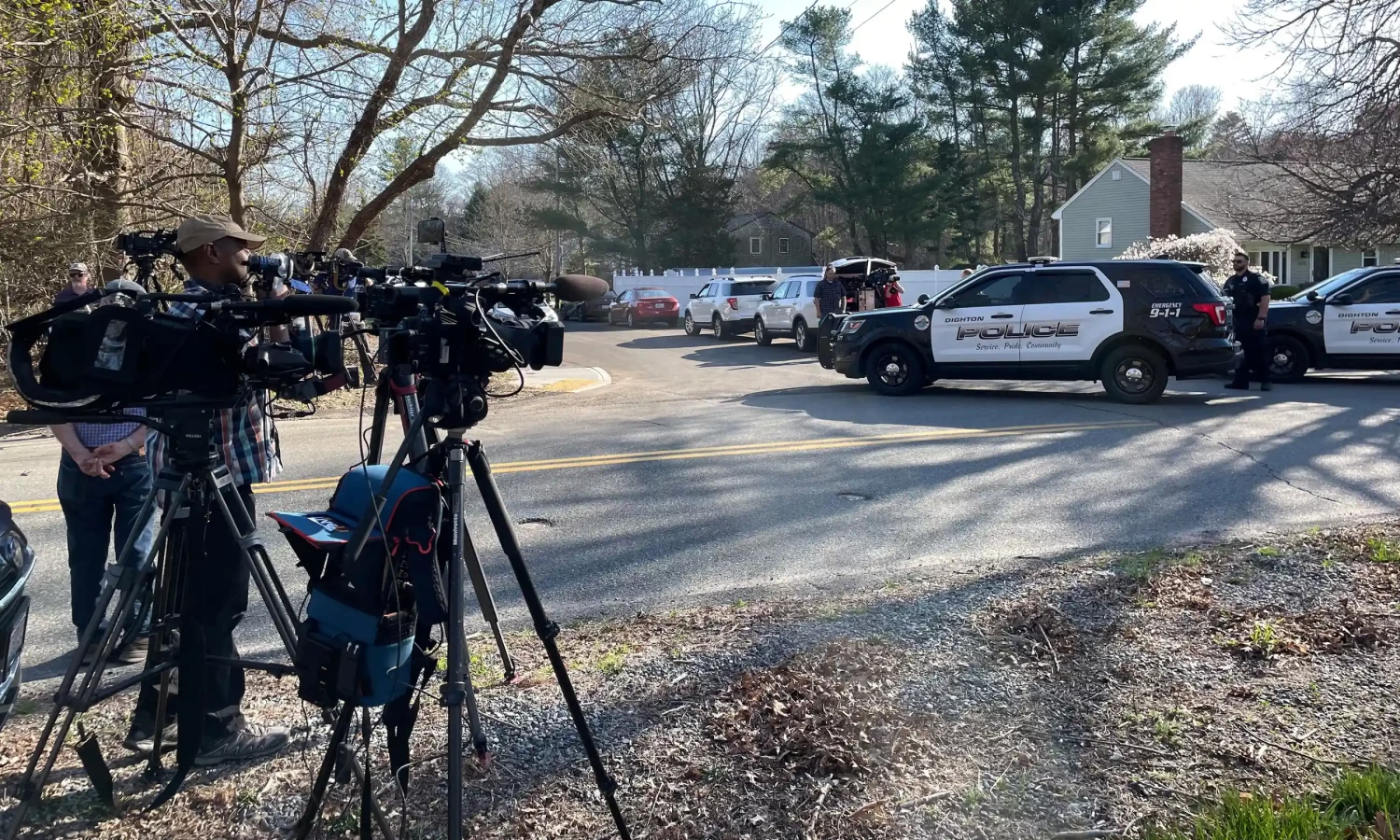 A police roadblock about a half a mile from Jack Teixeira’s home in Dighton, Massachusetts. The air national guardsman has been arrested over the leaks of Pentagon intelligence online. Photograph: Ross Kerber/Reuters