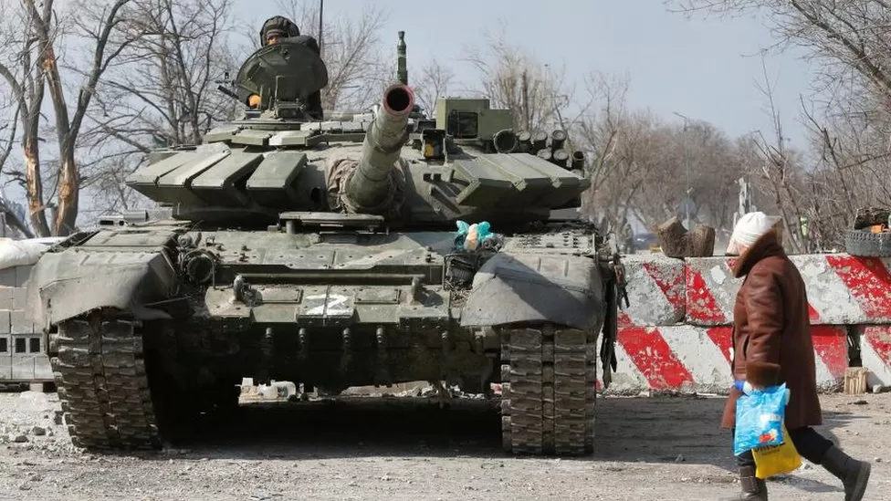 REUTERS / A Russian tank in the occupied Ukrainian city of Mariupol in March last year