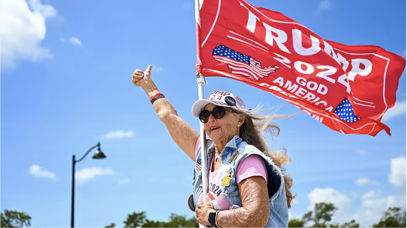A supporter of Donald Trump outside his Mar-a-Lago estate in Florida on Friday reacting to news of his indictment in Manhattan © Chandan Khanna/AFP/Getty Images