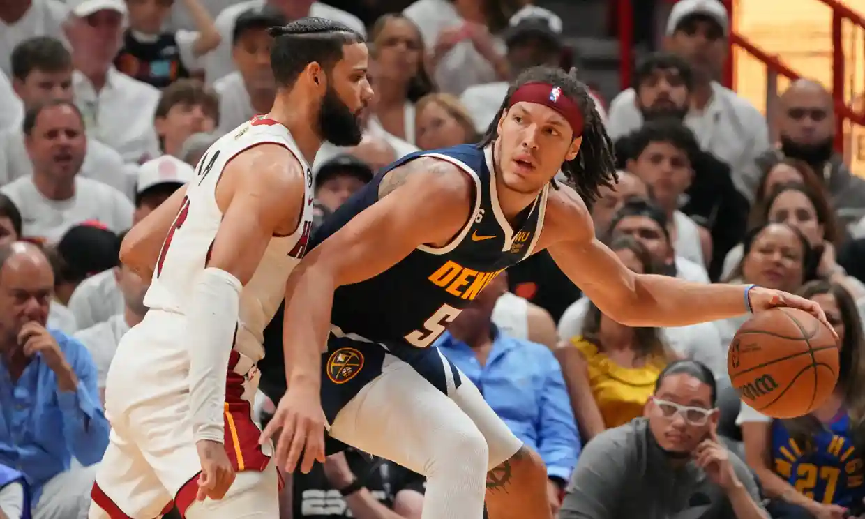 Nuggets forward Aaron Gordon, right, scored a game-high 27 points in Denver’s Game 4 win on Friday night. Photograph: Kyle Terada/USA Today Sports