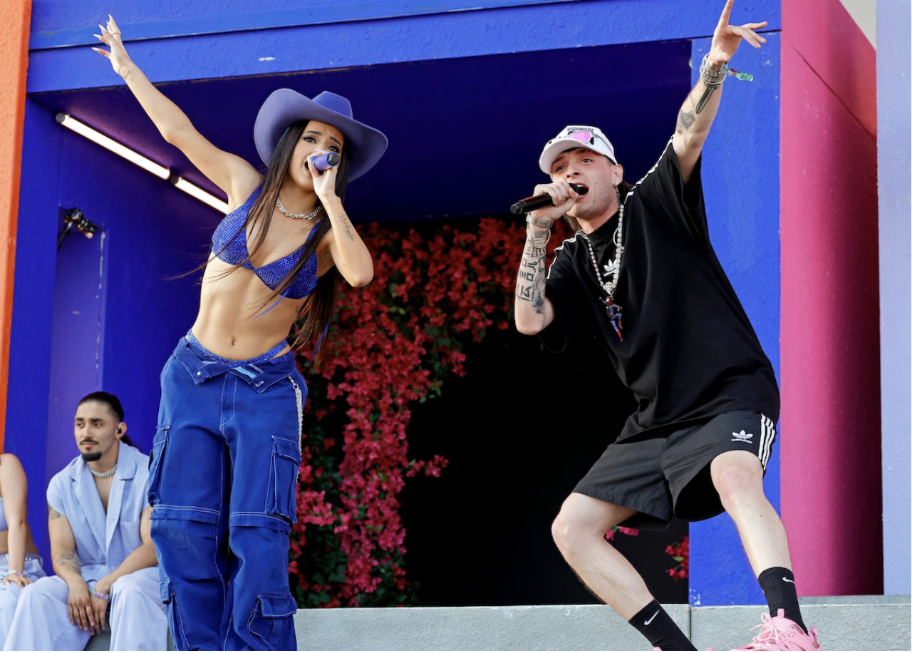 Peso Pluma, right, performs with Becky G on the Coachella Stage at the 2023 Coachella Valley Music and Arts Festival in Indio, Calif. (Frazer Harrison/Getty Images)