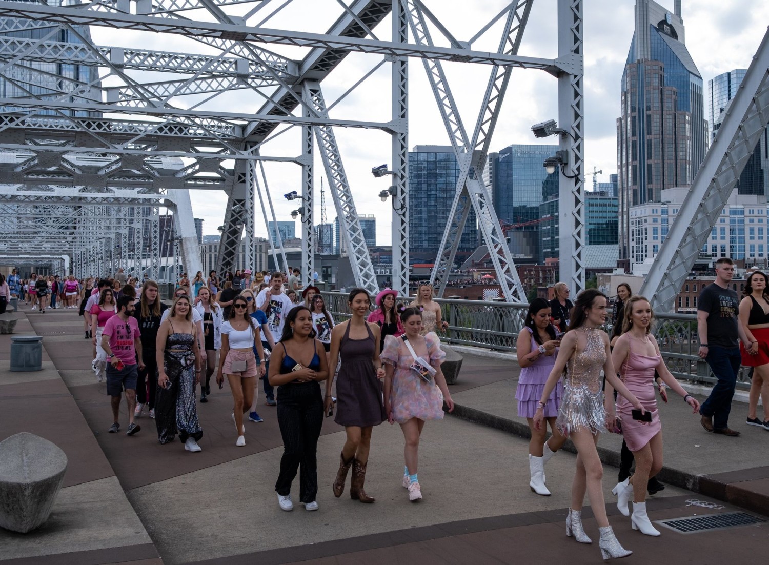 Fans made their way across the People’s Bridge to Nissan Stadium in Nashville ahead of Taylor Swift’s May 6 concert. SETH HERALD/GETTY IMAGES