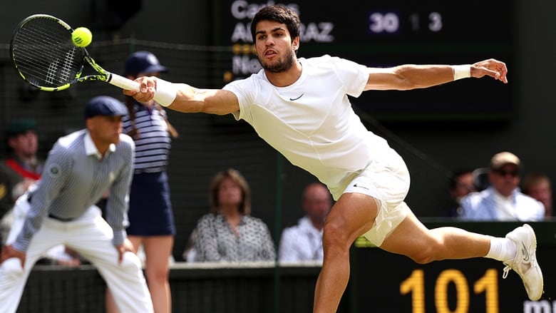World No. 1 Carlos Alcaraz, pictured, downed second-ranked Novak Djokovic in five sets in the Wimbledon men's final on Sunday in London. (Julian Finney/Getty Images)