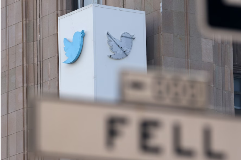 An outline of the iconic blue Twitter bird logo on a sign in front of X headquarters in San Francisco on July 26. (Justin Sullivan/Getty Images)