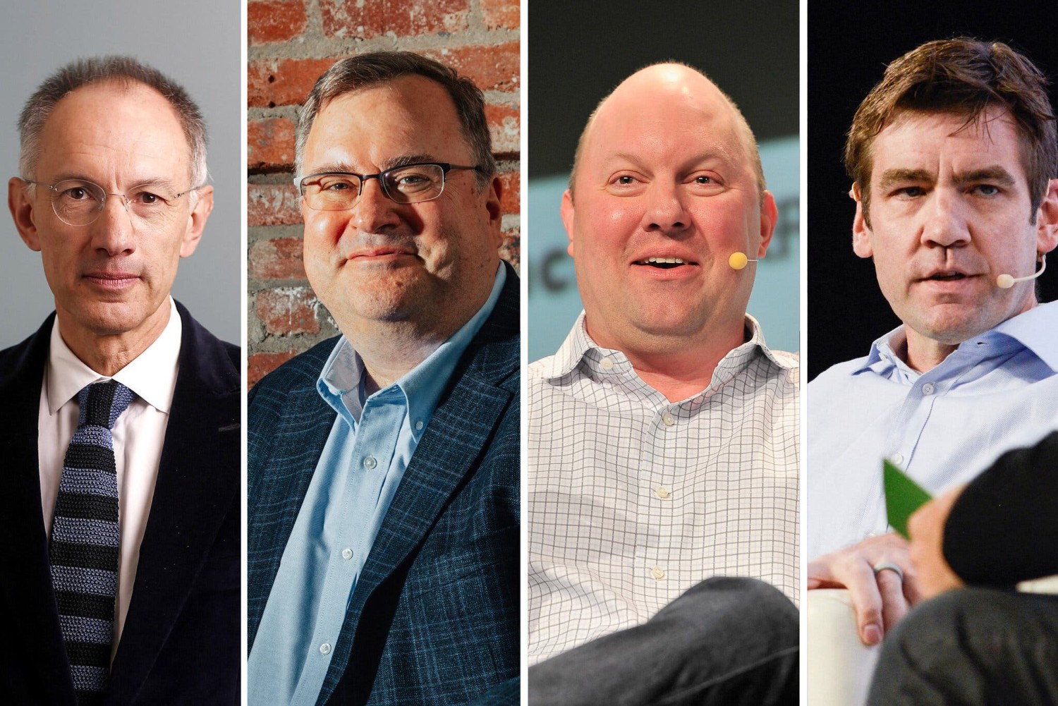 From left, Michael Moritz, Reid Hoffman, Marc Andreessen and Chris Dixon, four prominent Silicon Valley investors, have backed Flannery Associates.Credit...Bloomberg; The New York Times; Clara Mokri for The New York Times; Getty Images; Reuters