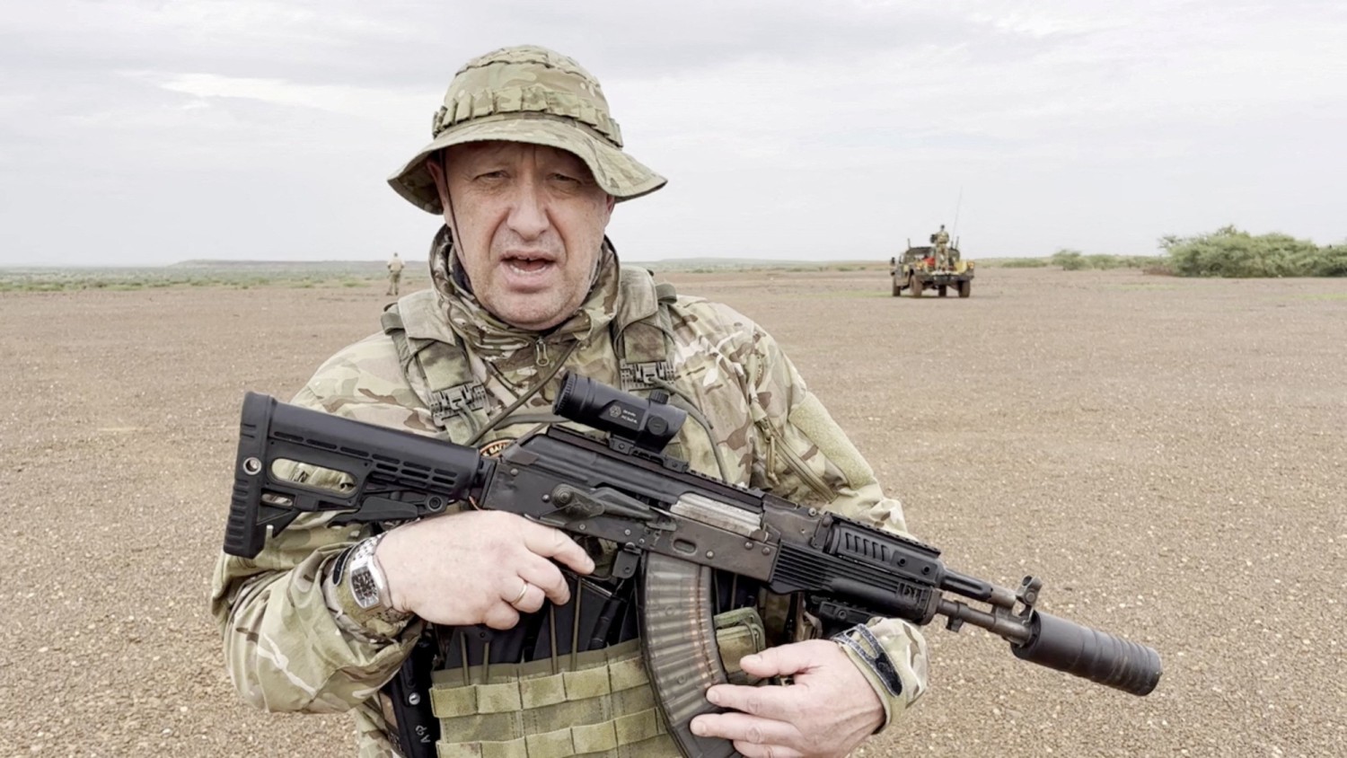 Yevgeny Prigozhin, chief of Russian private mercenary group Wagner, gives an address at an unknown location, in this still image taken from video possibly shot in Africa, on Monday. PMC Wagner/Reuters