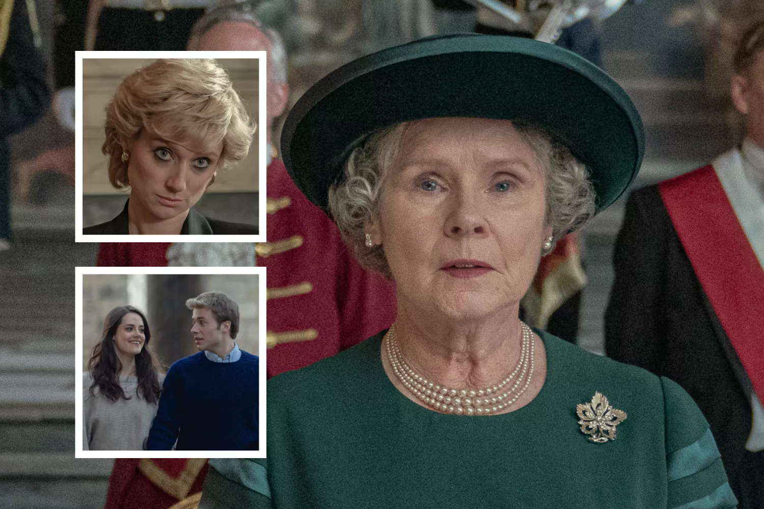 Main image, Imelda Staunton as Queen Elizabeth II in The Crown. Inset, top, Elizabeth Debicki as Princess Diana and inset, bottom, Ed McVey and Meg Bellamy as Prince William and Kate Middleton. The sixth season of The Crown is set to be the last.
