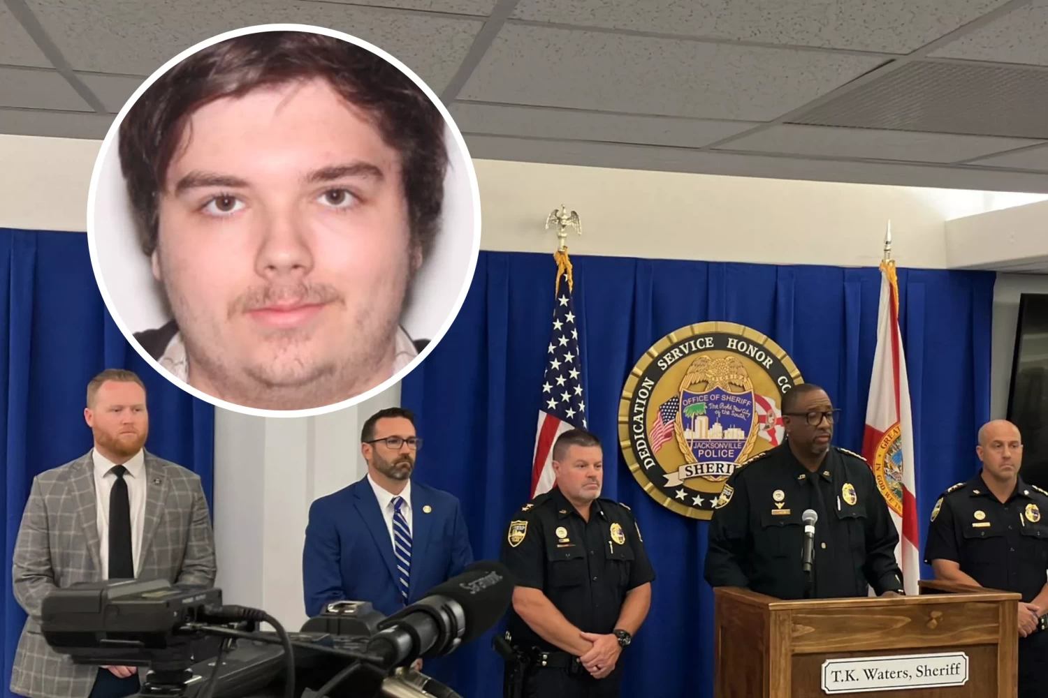 Jacksonville officials speak at a press conference on the "racially motivated" shooting that left three Black people dead on Saturday. Inset, 21-year-old Jacksonville shooting suspect Ryan Palmeter. JACKSONVILLE SHERIFF’S OFFICE
