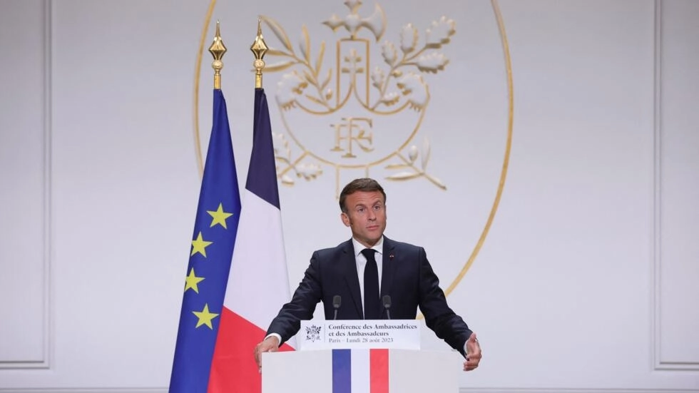 President Emmanuel Macron addresses French ambassadors during a conference in Paris on August 28, 2023. © Teresa Suarez, AFP