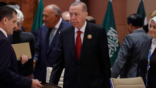 Turkish President Recep Tayyip Erdogan during a working session of the G20 Leaders' Summit at the Bharat Mandapam in New Delhi. ©  AFP / Ludovic Marin