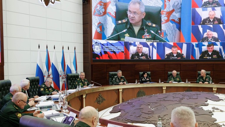 Admiral Viktor Sokolov (leftmost, bottom row) displayed on a screen during a Russian Defense Ministry briefing ©  Russian Ministry of Defense