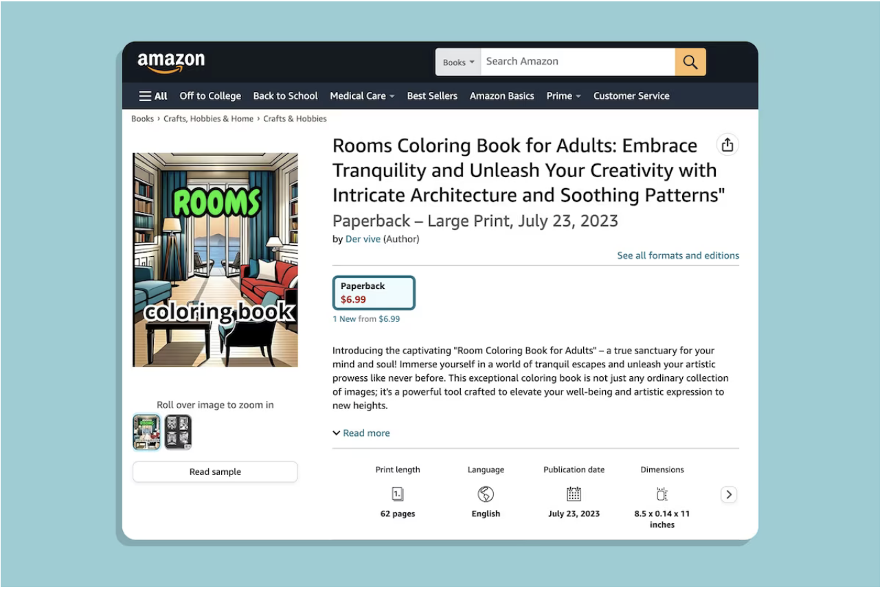 The Amazon listing for another coloring book possibly made with AI, for people who just want to color empty rooms. (The Washington Post; Amazon)
