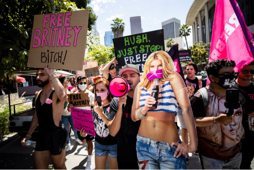 #FreeBritney protestors in 2021. Photograph: Étienne Laurent/EPA