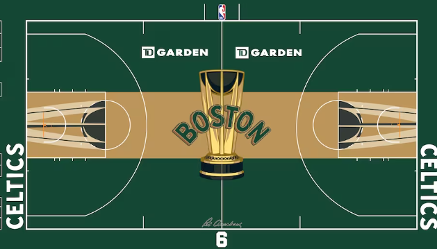 The Boston Celtics will trade in their signature parquet court design for a green and gold look during the in-season tournament. (NBA)