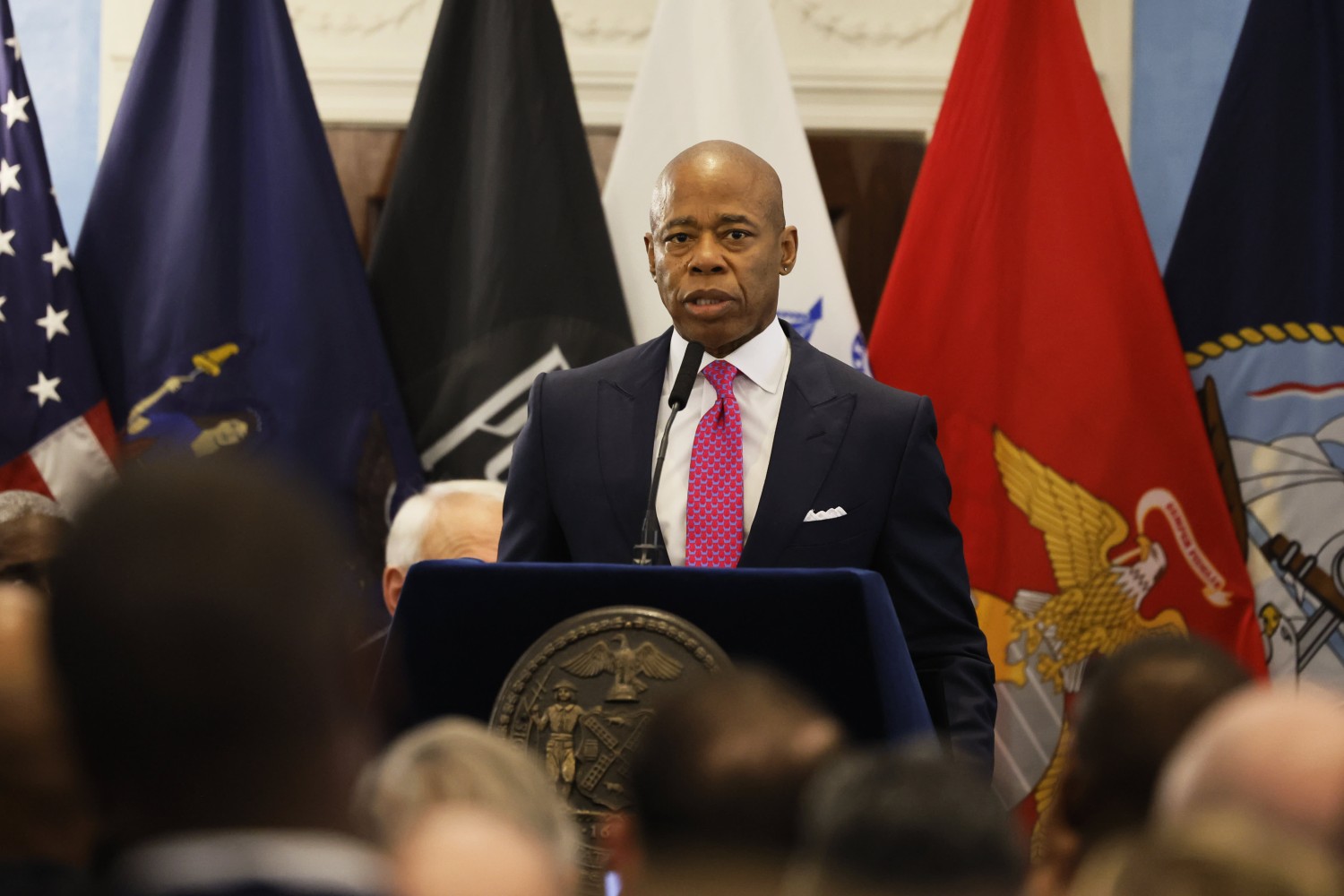 Mayor Eric Adams speaks during a Veteran’s Day breakfast celebration at Gracie Mansion on November 09, 2023 in New York City. Michael M. Santiago | Getty Images