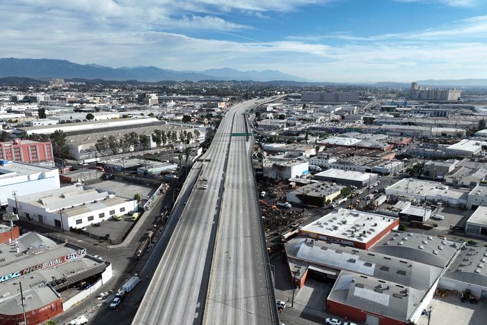 An empty Interstate 10 on Monday in Los Angeles. Part of the freeway was closed because of damage from a fire. PHOTO: JAE C. HONG/ASSOCIATED PRESS