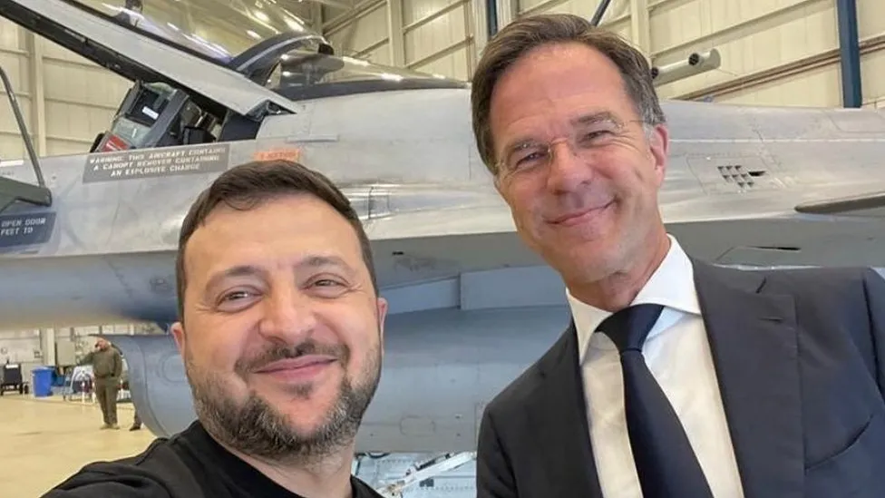 UKRAINIAN PRESIDENT VOLODYMYR ZELENSKYY'S OFFICIAL Outgoing Dutch Prime Minister Mark Rutte (right) agreed to transfer F16 jets to Ukraine back in August. Mr Wilders opposes further aid for Kyiv
