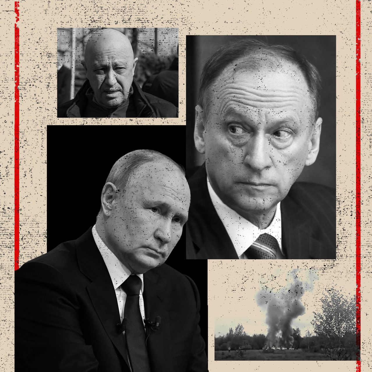 From top: Yevgeny Prigozhin, Nikolai Patrushev and Vladimir Putin. ILLUSTRATION: ANGELA OWENS/THE WALL STREET JOURNAL, AP (2), ZUMA PRESS, REUTERS