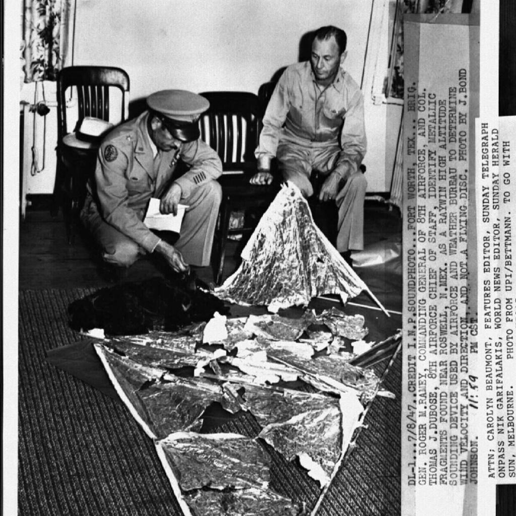 Officials identify metallic fragments found near Roswell, New Mexico, in 1947. Picture: INP Soundphoto