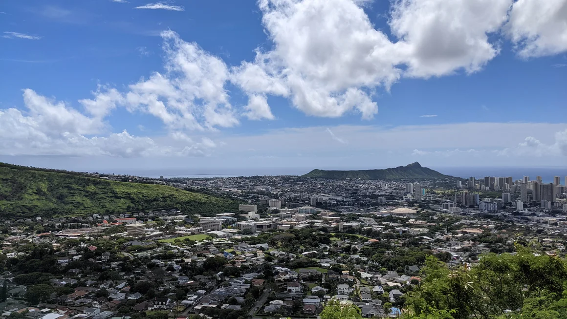 A view of Diamondhead on the Oahu, Hawaii, coastline. Downtown Honolulu is to the right of Diamondhead. Eric Broder Van Dyke/iStockphoto/Getty Images