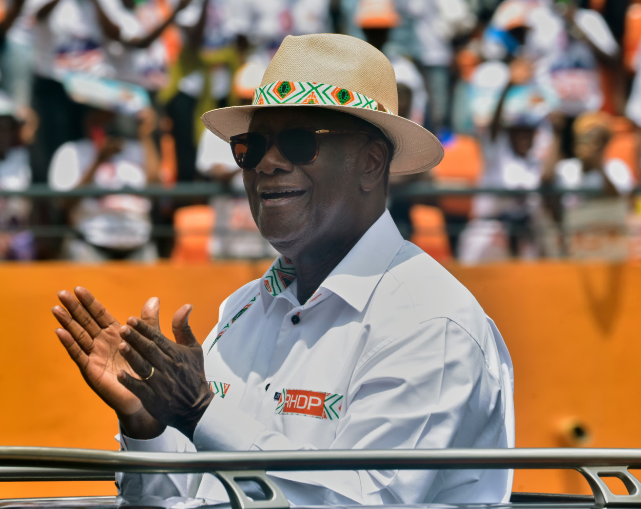 Alassane Ouattara arrives at a campaign rally at the Félix Houphouët-Boigny Stadium in Abidjan on Saturday. Photograph: Diomande Ble Blonde/AP