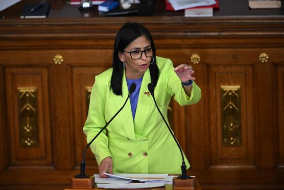 Venezuela's interim President Delcy Rodriguez delivers a speech at the National Assembly in Caracas on January 15, 2026. FEDERICO PARRA / AFP