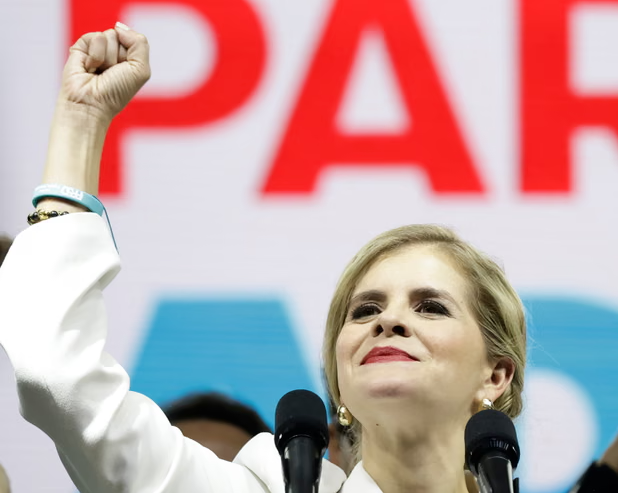 Laura Fernández of the Sovereign People party celebrates after winning the election in San José, Costa Rica, on Sunday. Photograph: Jeffrey Arguedas/EPA