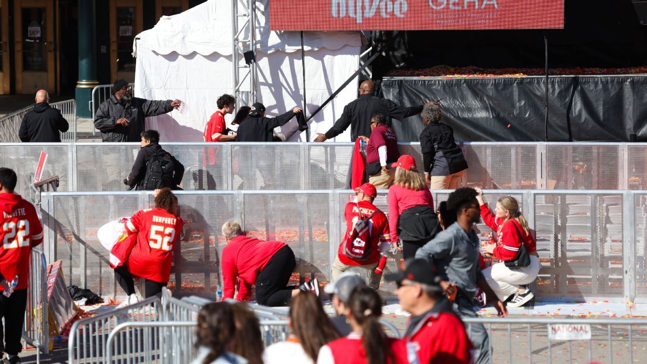 People attending the Chiefs' Super Bowl victory parade took cover during a shooting at Union Station. Jamie Squire/Getty Images
