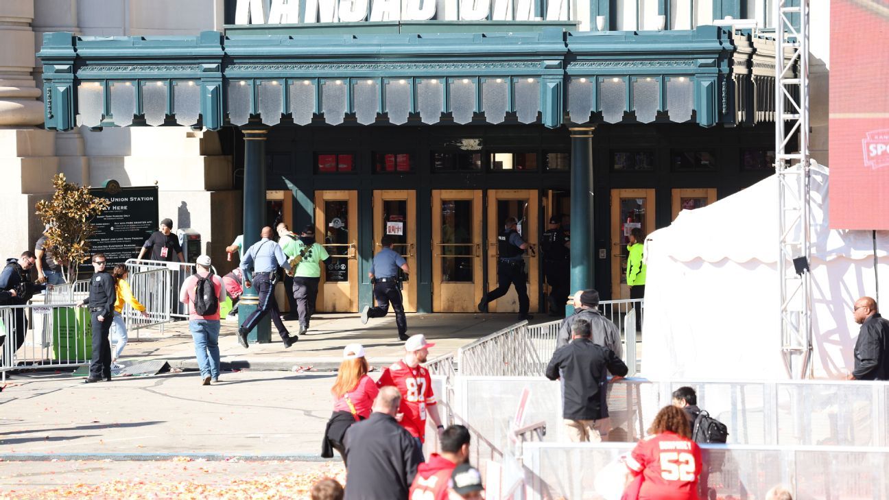 Law enforcement and medical personnel responded to a shooting at Union Station during the Chiefs' Super Bowl LVIII victory parade on Wednesday. Photo by Jamie Squire/Getty Images