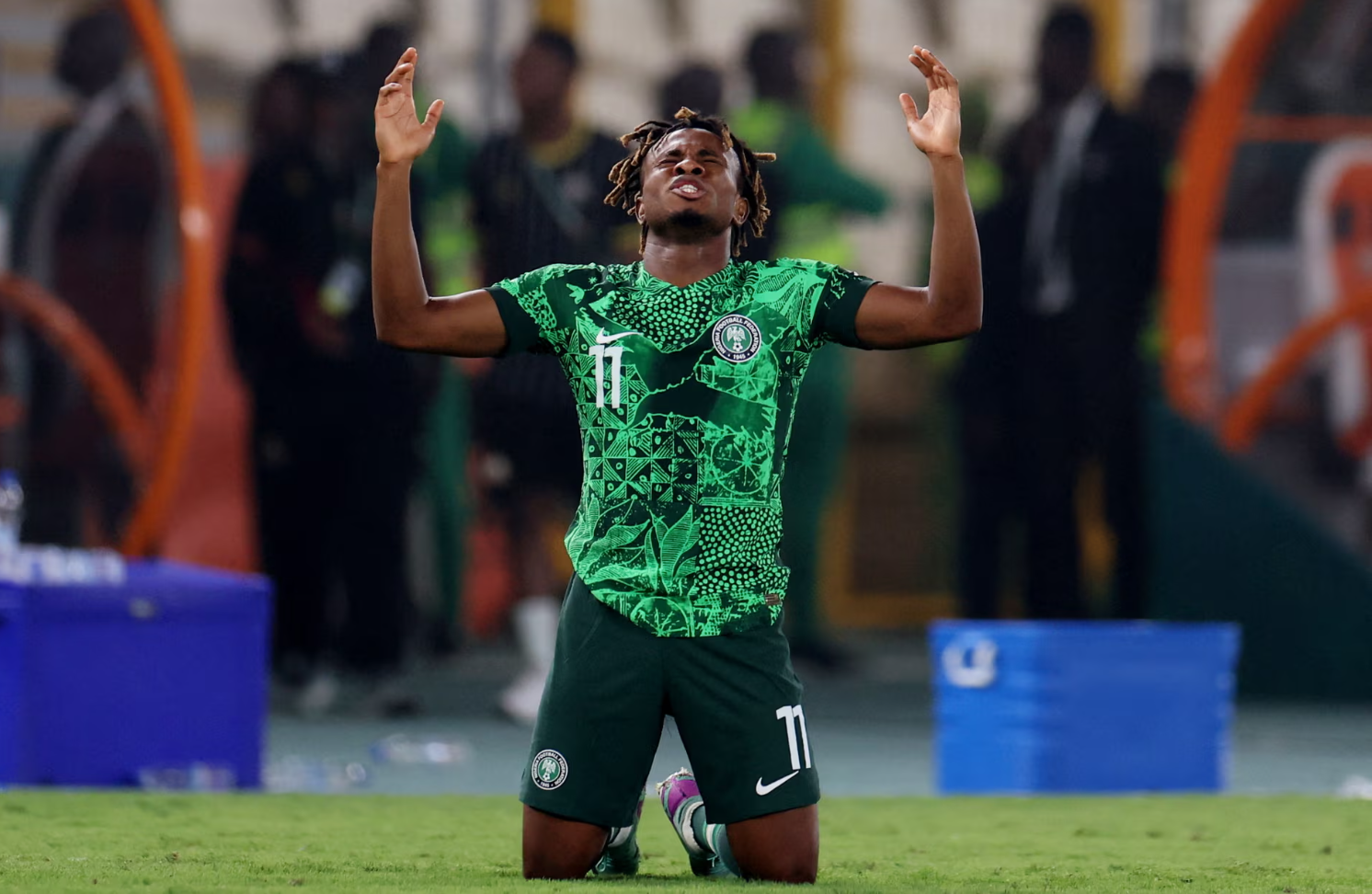 Nigeria’s Samuel Chukwueze reacts after reaching the Africa Cup of Nations final. Photograph: Siphiwe Sibeko/Reuters